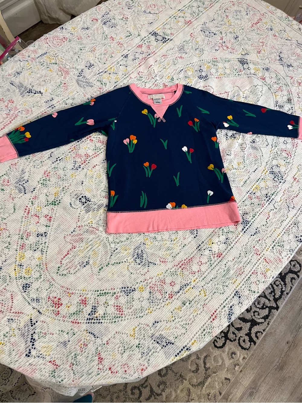 The Beaufort Bonnet Company Girls Navy Floral Pullover Top with Pink Trim